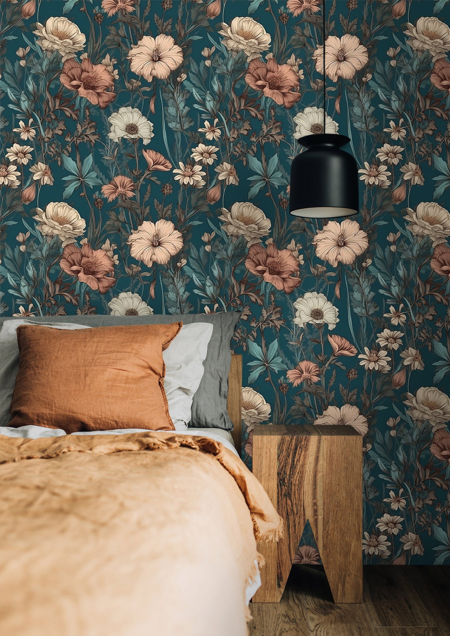 Dark Wildflower Wallpaper | Dark Green Floral Removable Wallpaper | Green Botanic Wallpaper | Dark Flower Pattern Peal and Stick Wallpaper