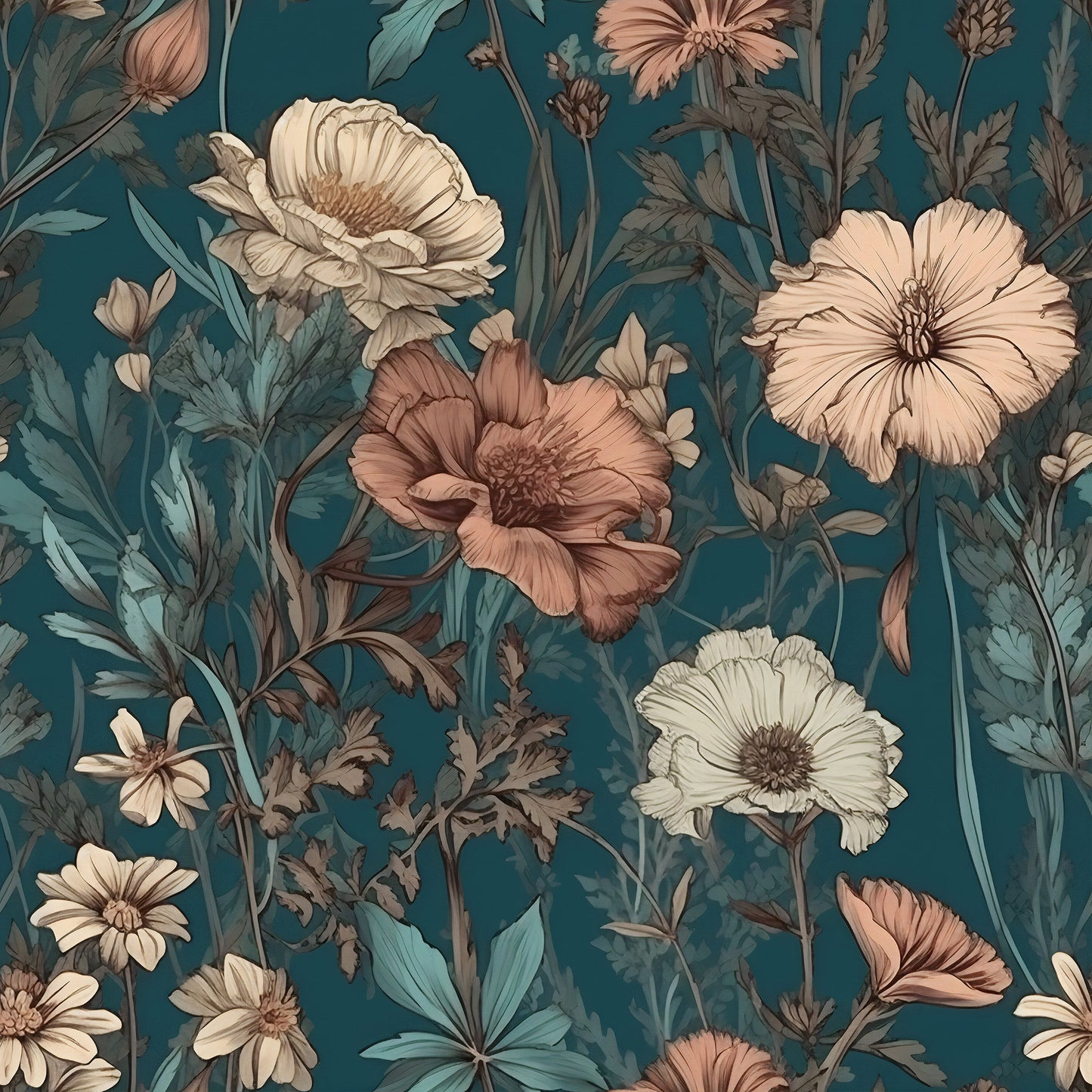 Dark Wildflower Wallpaper | Dark Green Floral Removable Wallpaper | Green Botanic Wallpaper | Dark Flower Pattern Peal and Stick Wallpaper