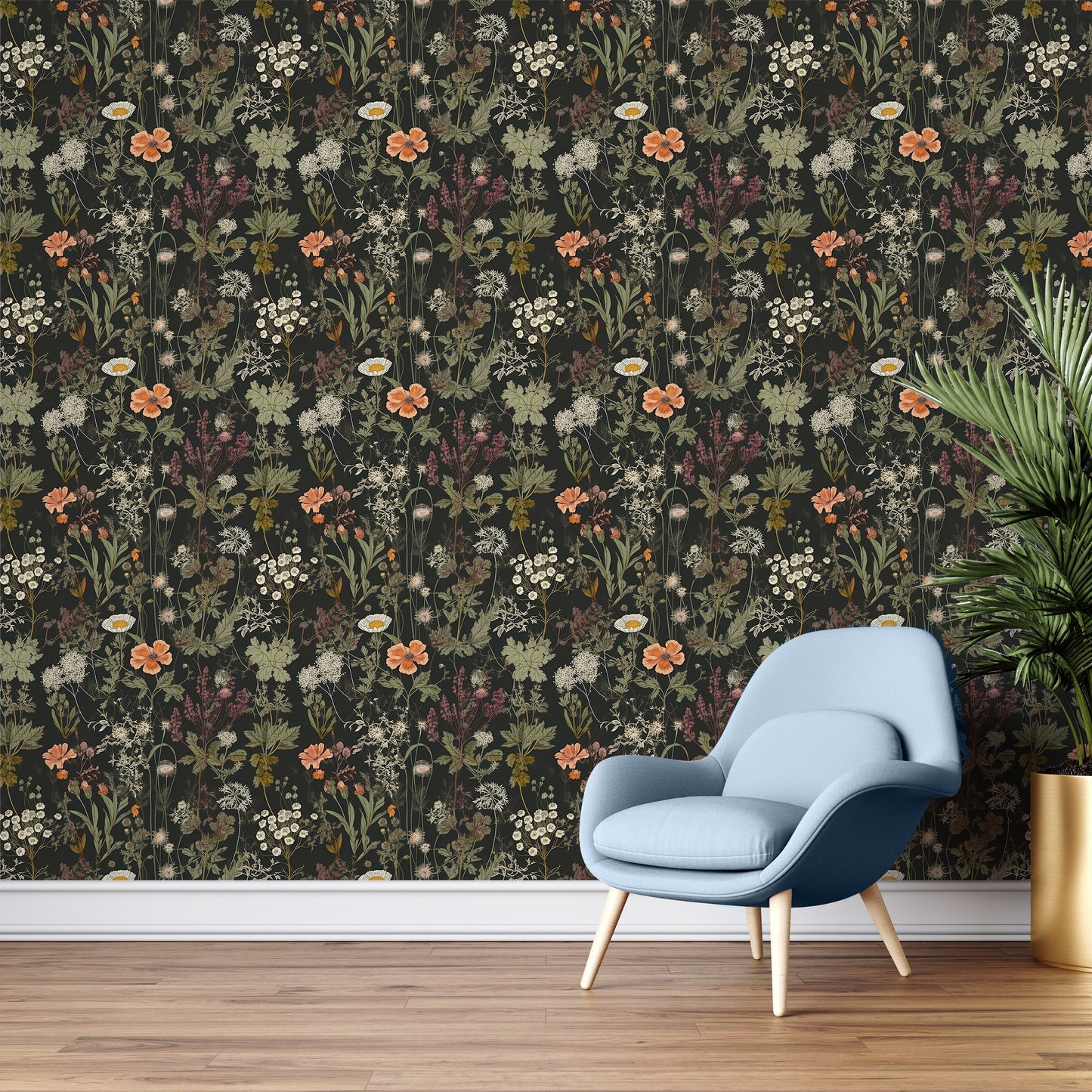 Dark Wildflower Botanic Wallpaper | Dark Floral Pattern Wallpaper | Dark Botanic Removable Wallpaper | Dark Flower Peel and Stick Wallpaper