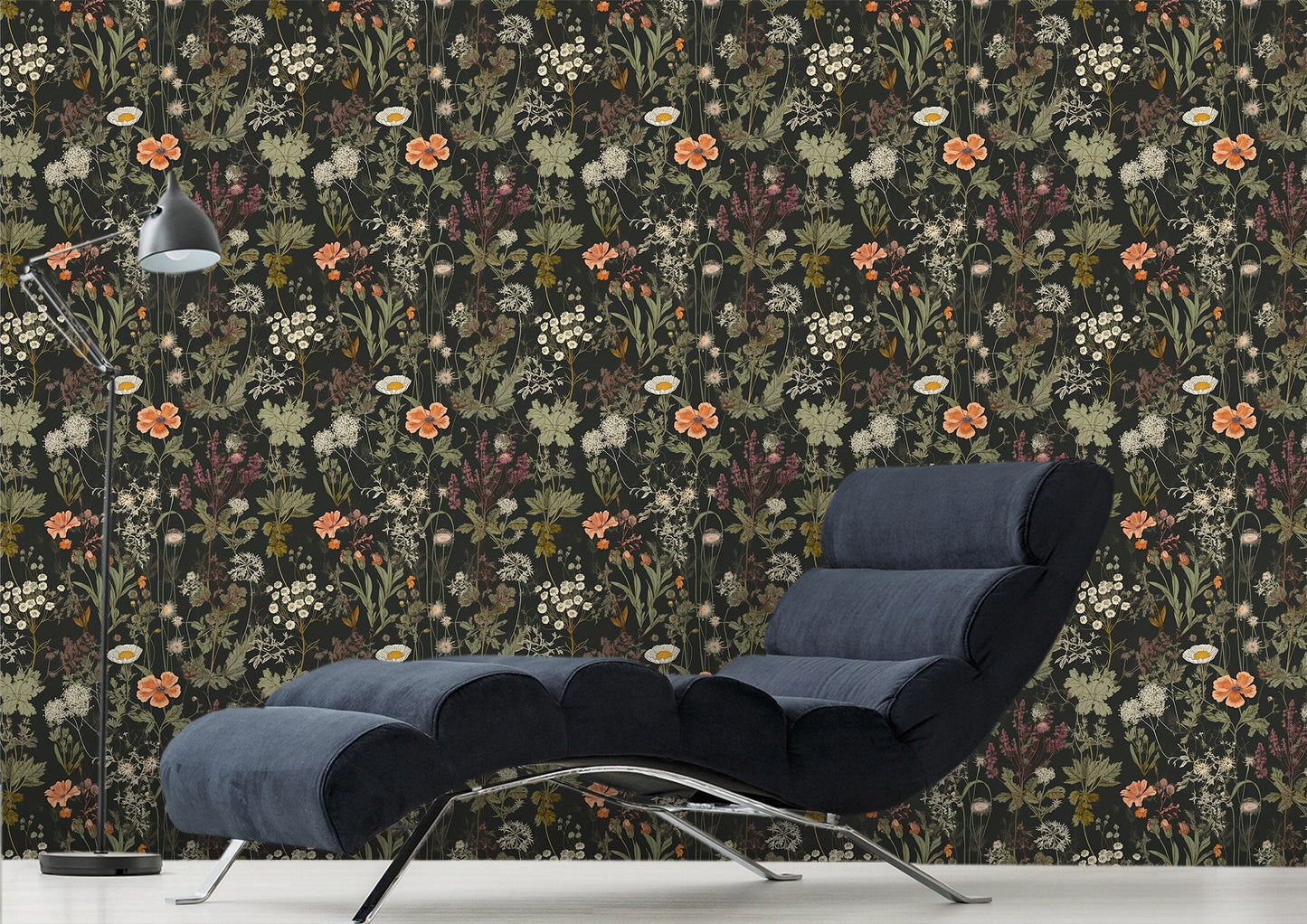 Dark Wildflower Botanic Wallpaper | Dark Floral Pattern Wallpaper | Dark Botanic Removable Wallpaper | Dark Flower Peel and Stick Wallpaper