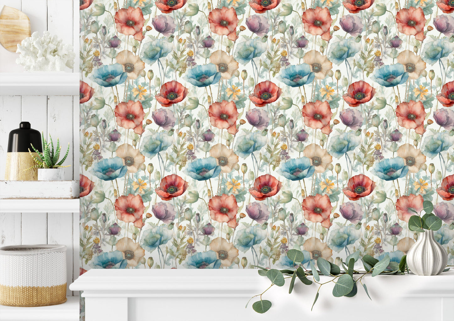 Poppy Flowers Wallpaper | Poppies Flowers Watercolor by Miami Walls and Decor | Peel & Stick Wallpaper, Removable and Renter Friendly