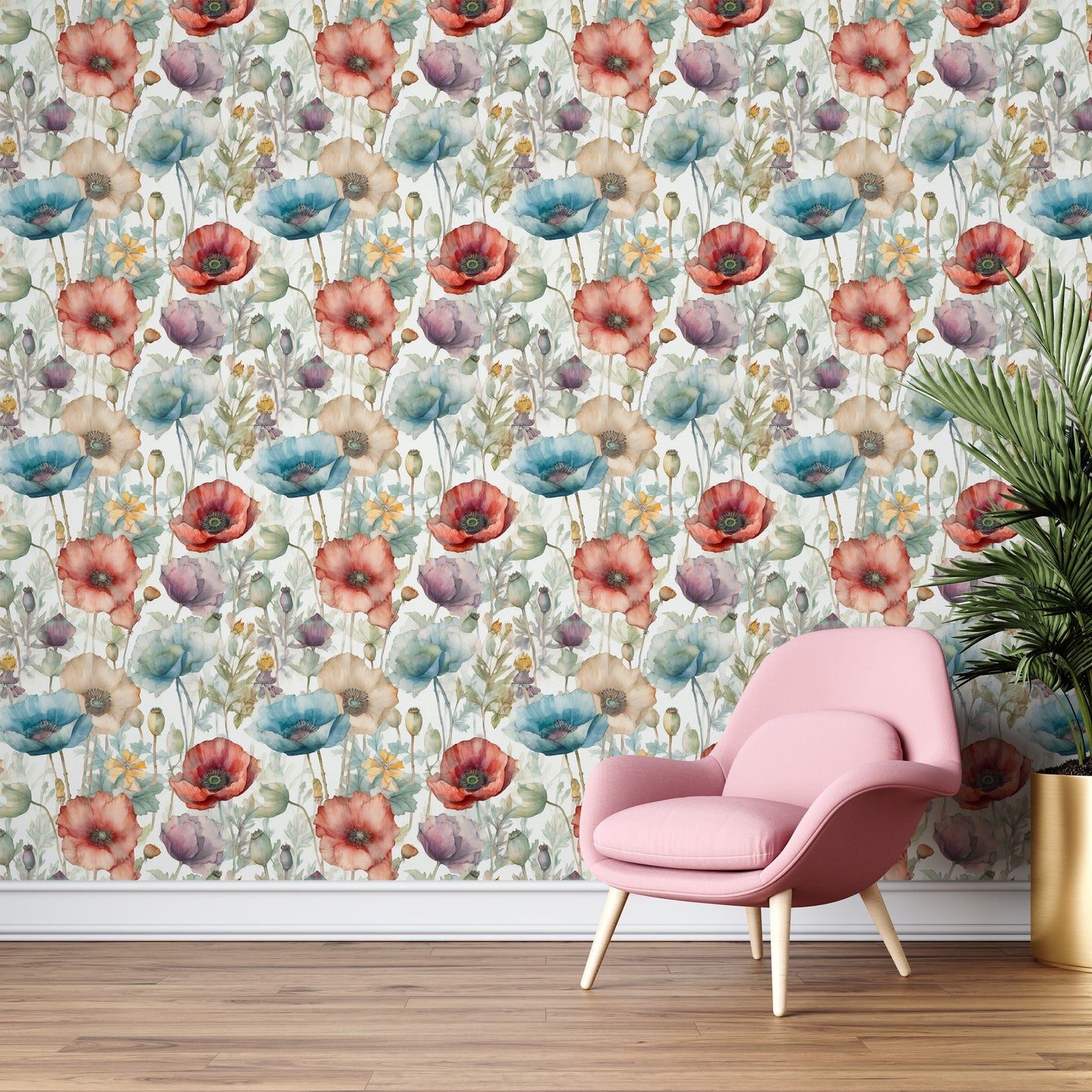 Poppy Flowers Wallpaper | Poppies Flowers Watercolor by Miami Walls and Decor | Peel & Stick Wallpaper, Removable and Renter Friendly