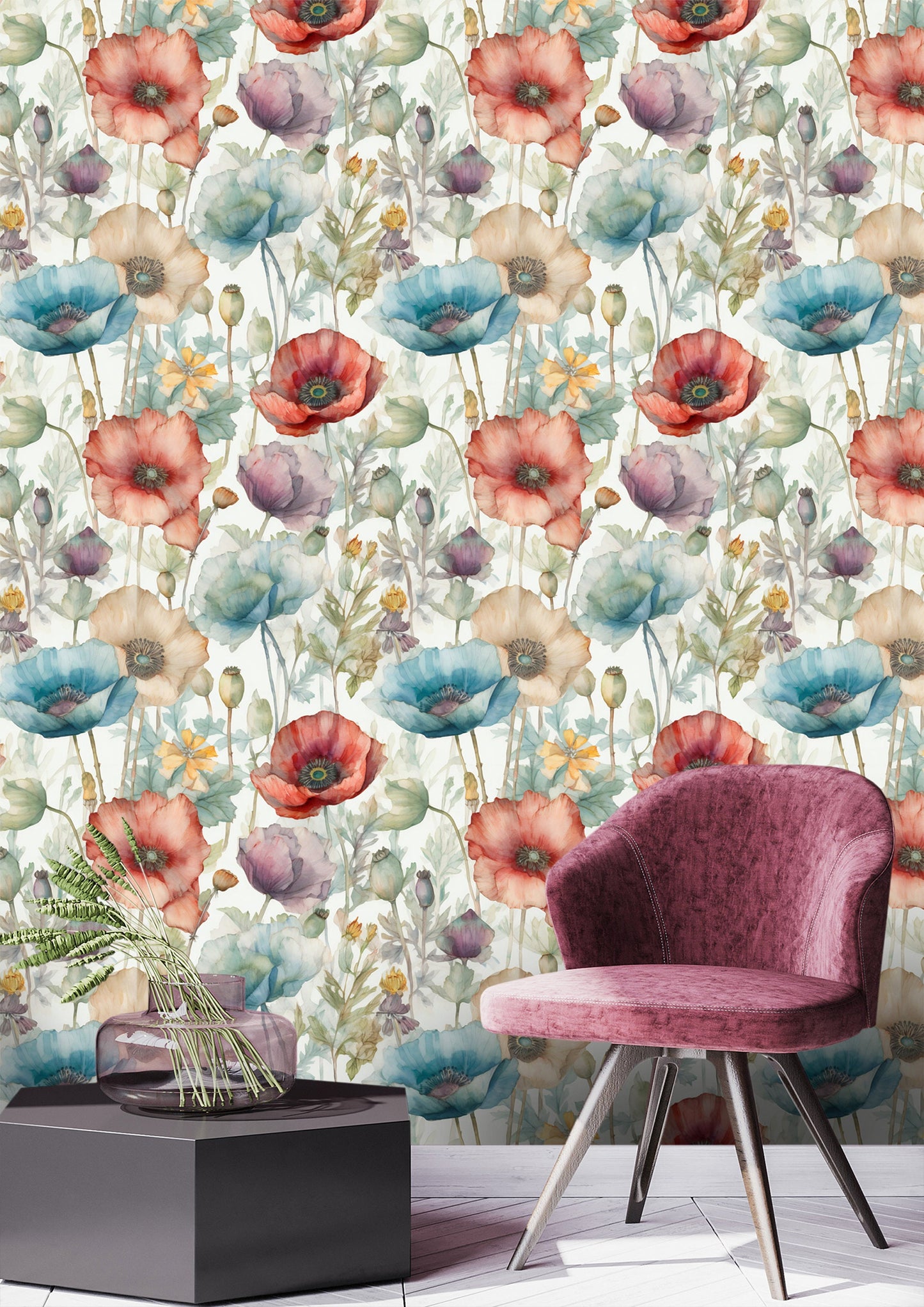 Poppy Flowers Wallpaper | Poppies Flowers Watercolor by Miami Walls and Decor | Peel & Stick Wallpaper, Removable and Renter Friendly