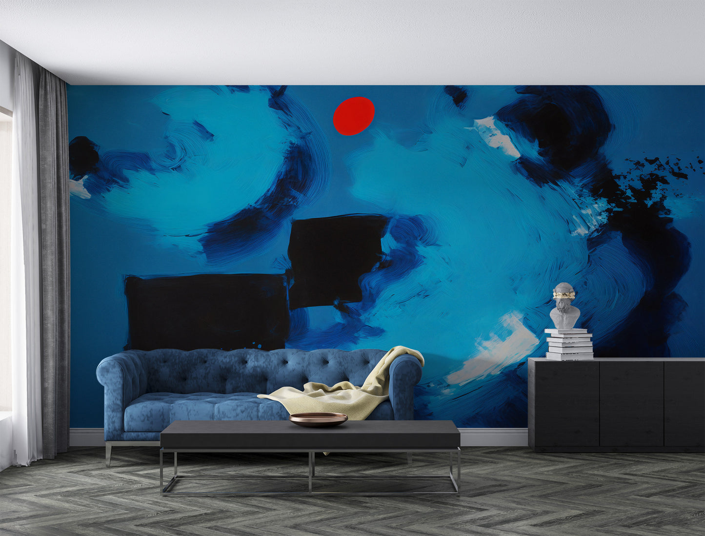 Blue Abstract Wallpaper | Abstract Removable Mural | Abstract Blue Painting Mural | Red Dot Peel & Stick Blue Mural | Contemporary Art Mural