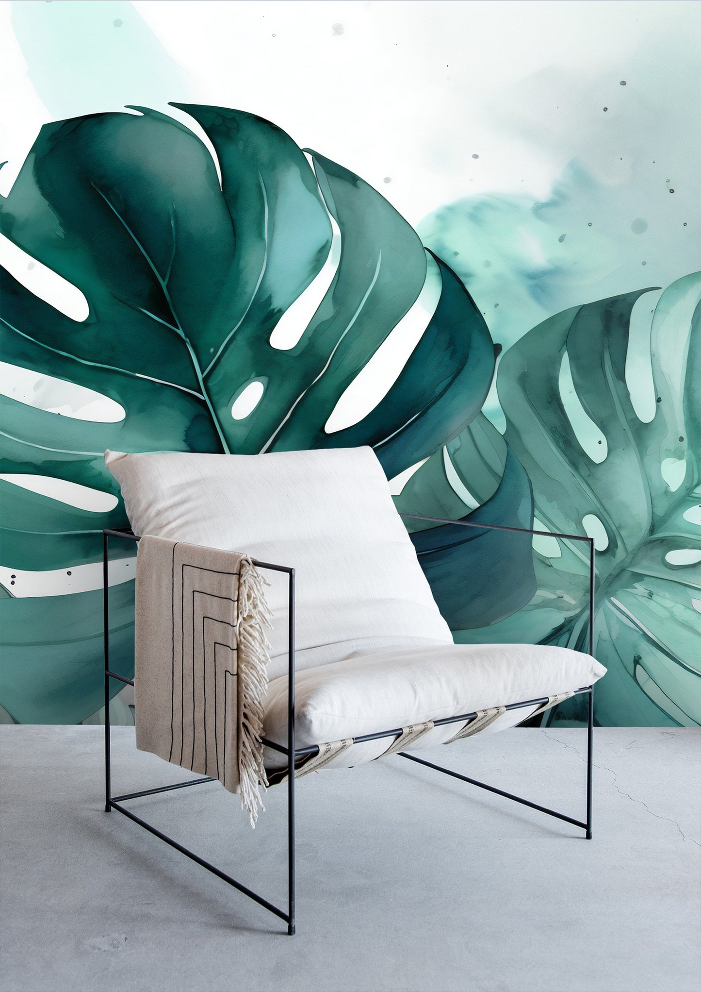 Green Monstera Leaf Peel and Stick Wallpaper | Tropical Watercolor Design by Miami Walls and Decor | Removable, Eco and Renter Friendly