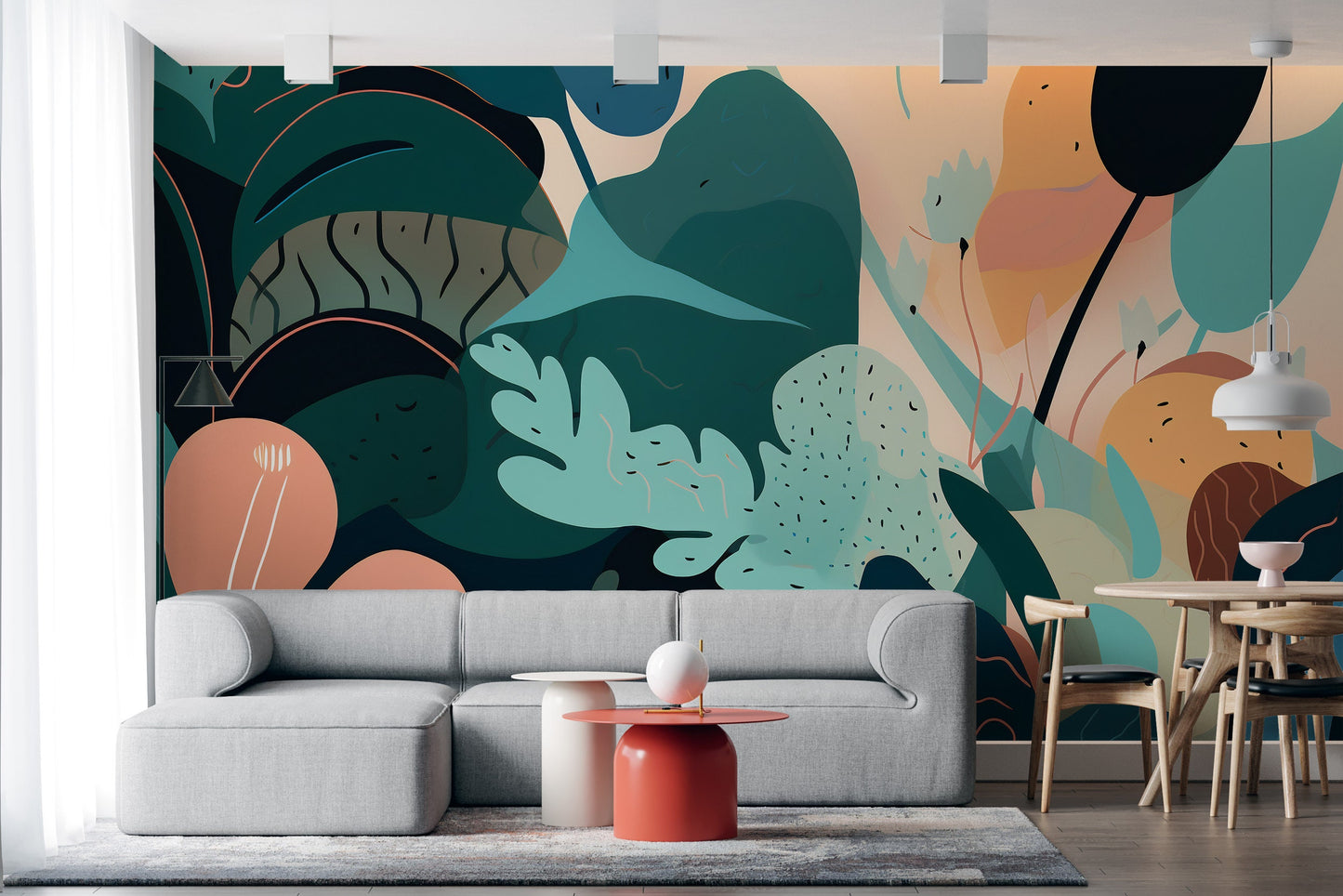 Abstract Wallpaper Mural with Delicate Matisse-Inspired Shapes. Easy-to-Apply Peel and Stick.