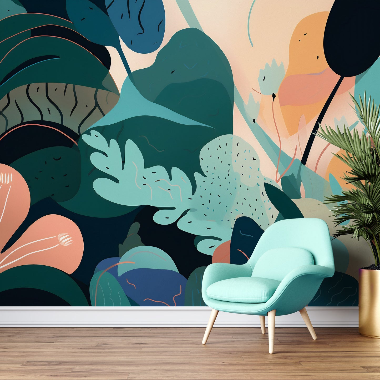 Abstract Wallpaper Mural with Delicate Matisse-Inspired Shapes. Easy-to-Apply Peel and Stick.