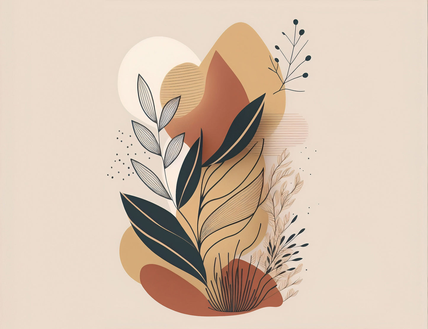 Abstract Plant Removable Mural | Foliage Wallpaper | Abstract Shapes Mural | Abstract Beige Wallpaper | Modern Abstract Foliage Wallpaper