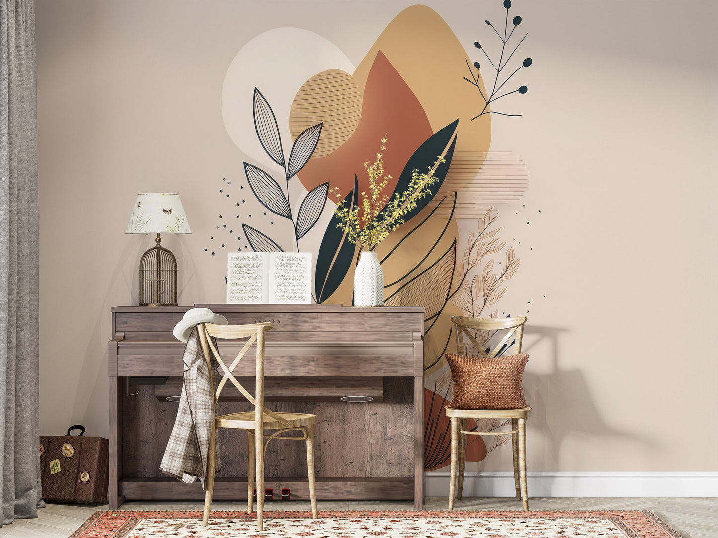 Abstract Plant Removable Mural | Foliage Wallpaper | Abstract Shapes Mural | Abstract Beige Wallpaper | Modern Abstract Foliage Wallpaper