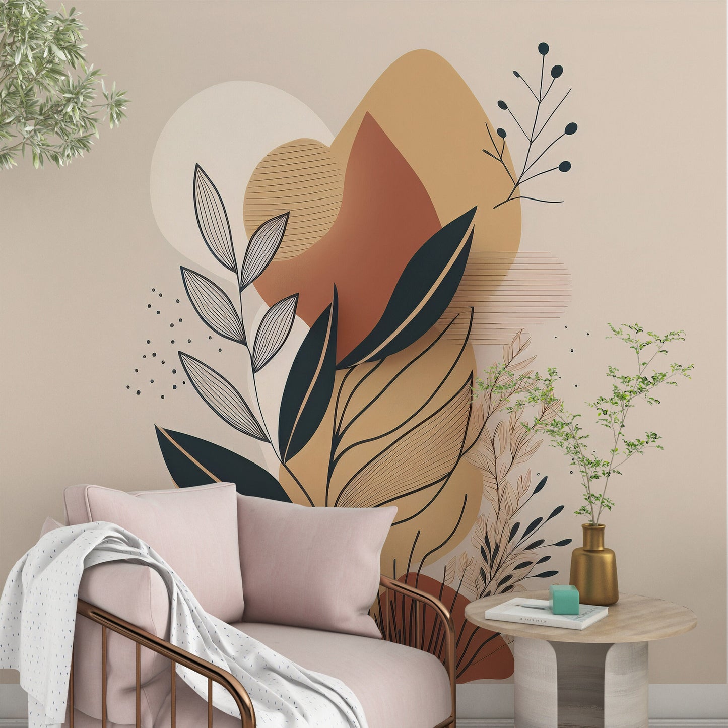 Abstract Plant Removable Mural | Foliage Wallpaper | Abstract Shapes Mural | Abstract Beige Wallpaper | Modern Abstract Foliage Wallpaper