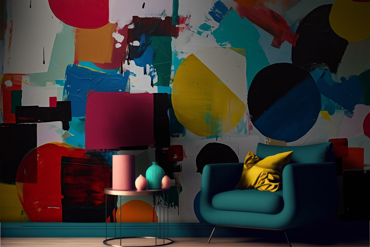 Oil Painting Abstract Mural | Abstract Shapes Peel and Stick Mural | Colourful Abstract Wallpaper for Living Room | Removable Wallpaper