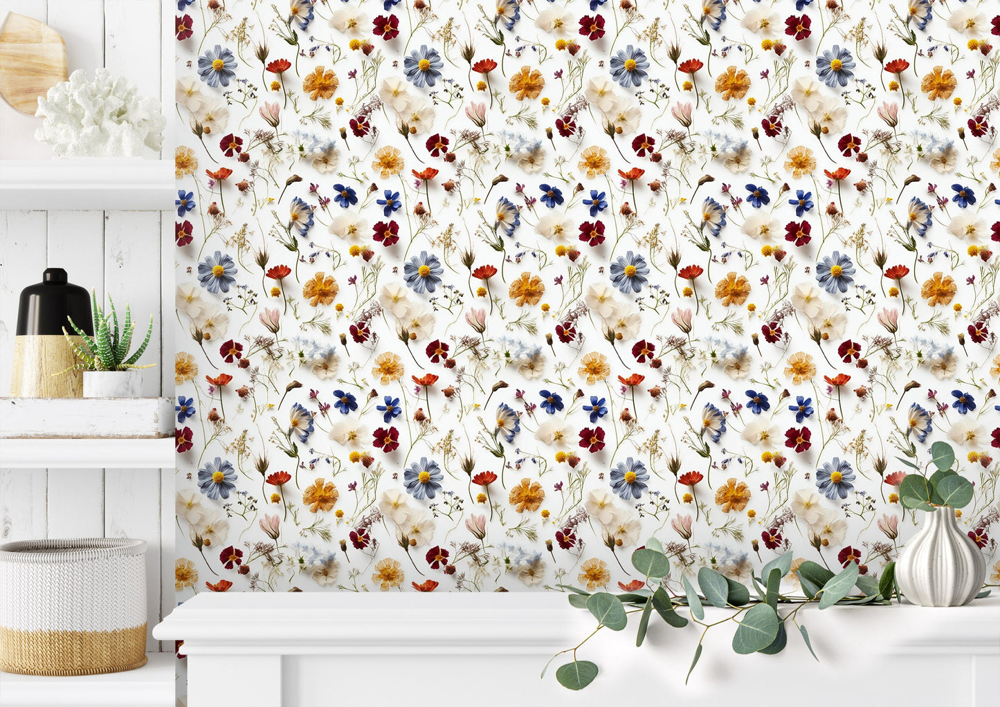 Pressed Floral Wallpaper | White Floral Removable Wallpaper | Botanic Flower Wallpaper | Peel and Stick Wildflower Wallpaper, Self Adhesive
