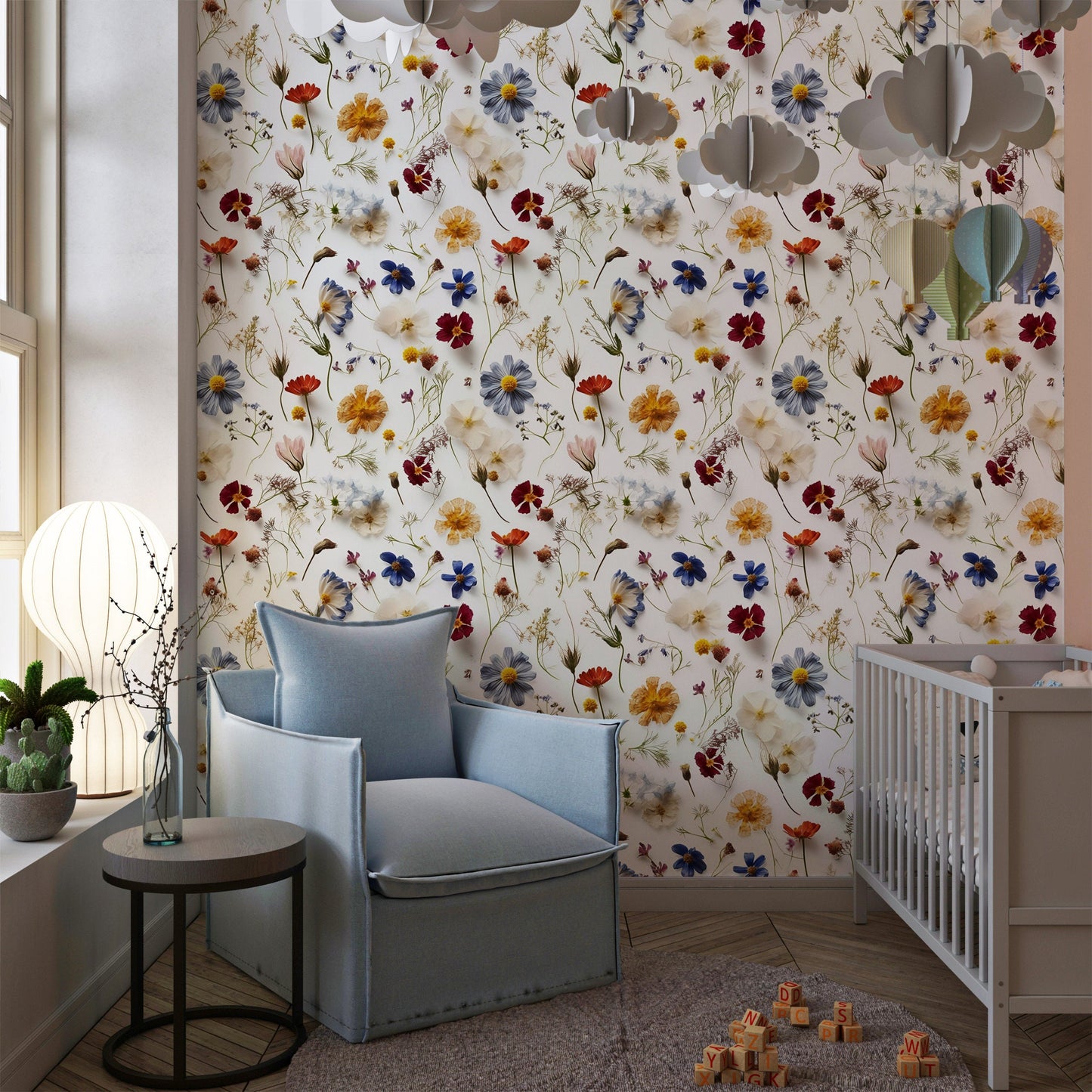 Pressed Floral Wallpaper | White Floral Removable Wallpaper | Botanic Flower Wallpaper | Peel and Stick Wildflower Wallpaper, Self Adhesive