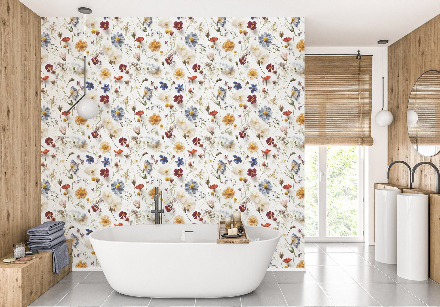 Pressed Floral Wallpaper | White Floral Removable Wallpaper | Botanic Flower Wallpaper | Peel and Stick Wildflower Wallpaper, Self Adhesive