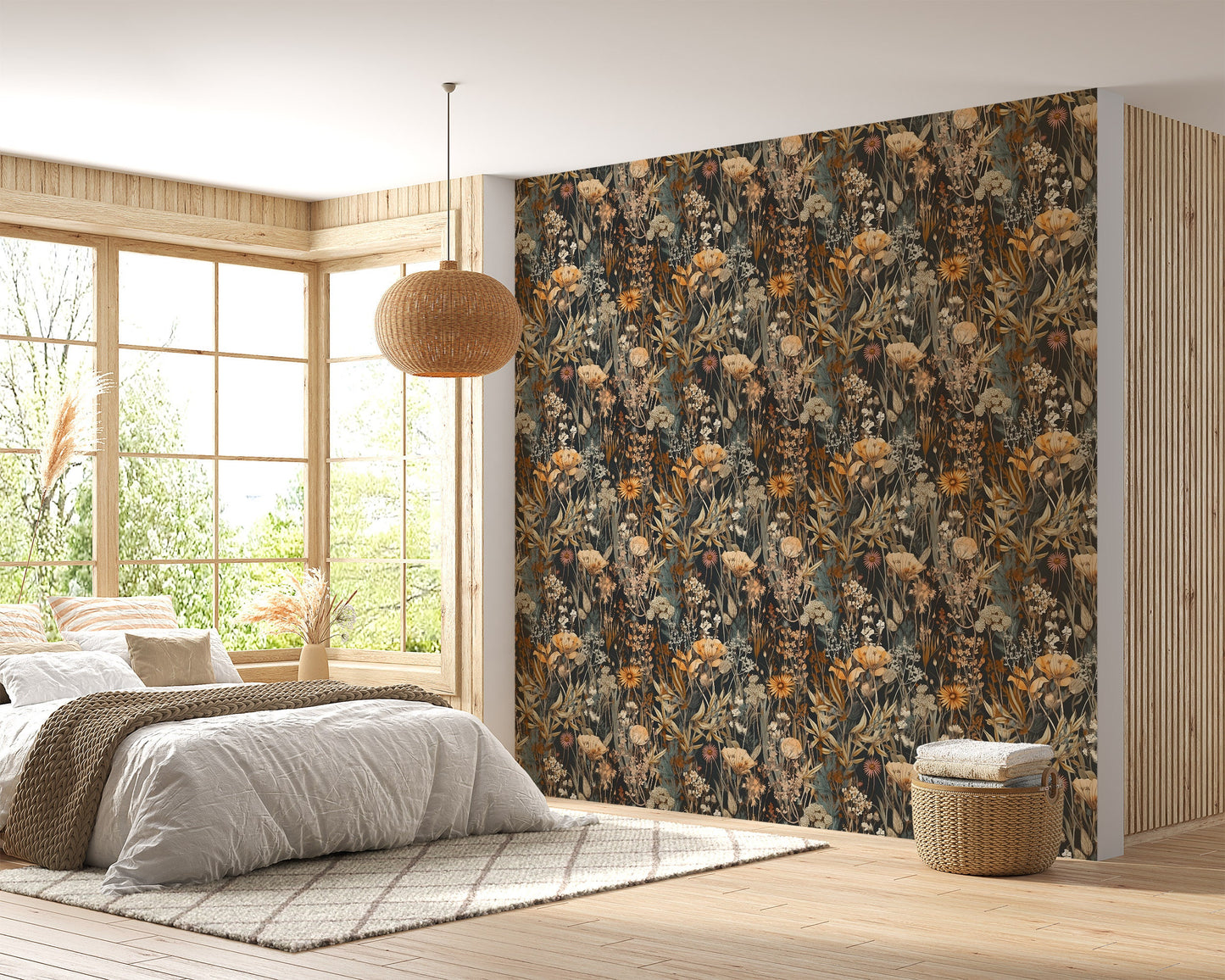 Dark Botanical Wallpaper | Removable Dark Floral Pattern Wallpaper | Botanical Pattern Wallpaper | Peel & Stick Botanical Wallpaper