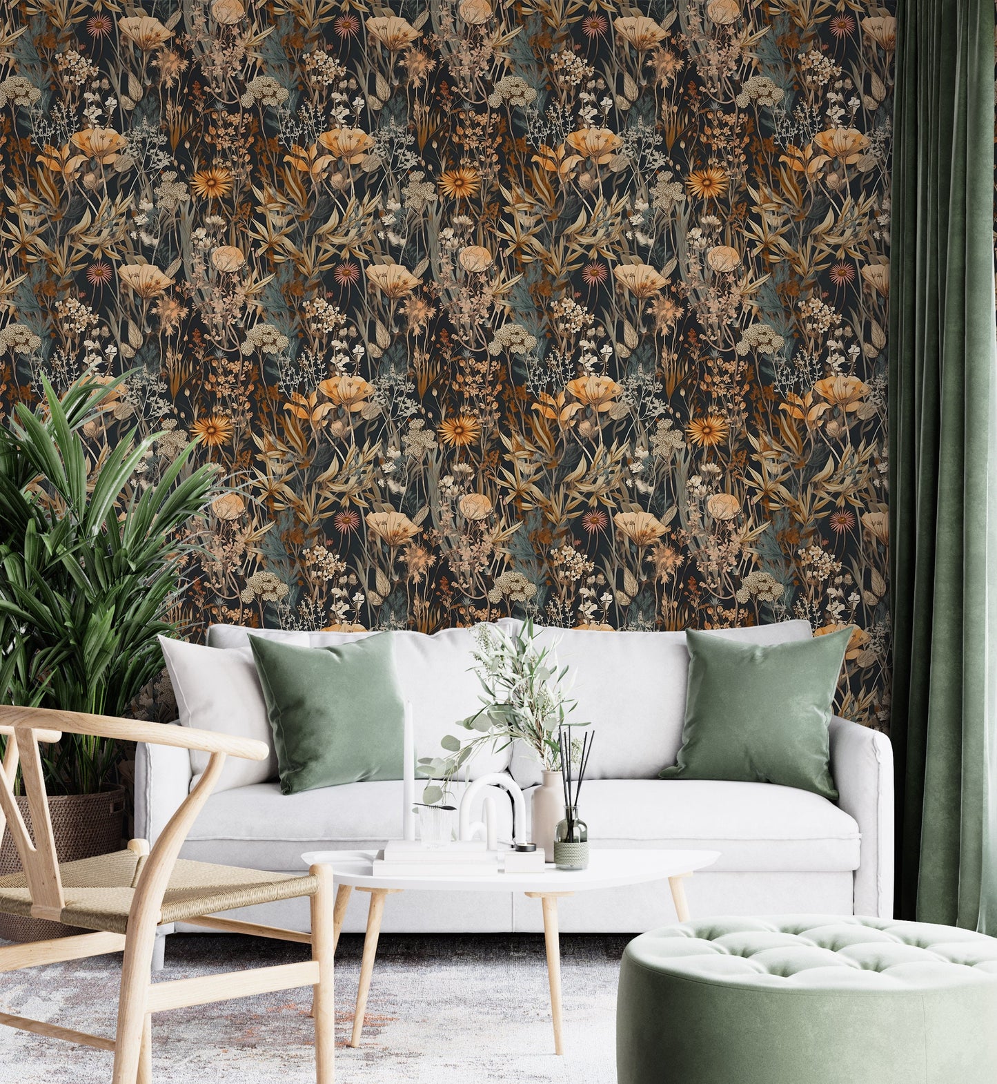 Dark Botanical Wallpaper | Removable Dark Floral Pattern Wallpaper | Botanical Pattern Wallpaper | Peel & Stick Botanical Wallpaper