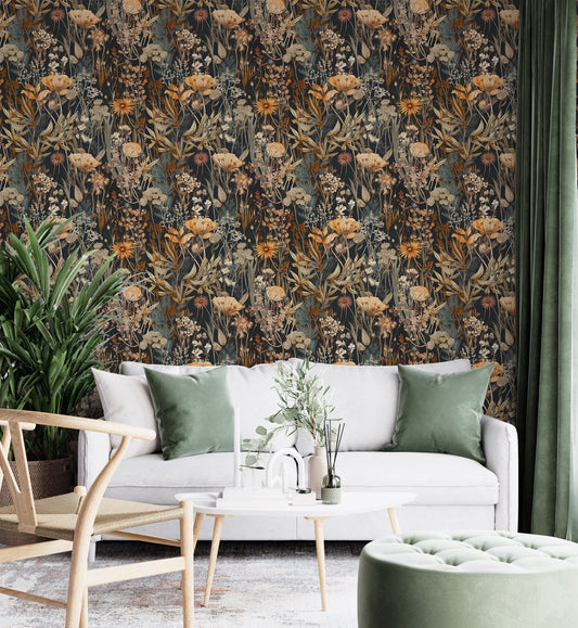 Dark Botanical Wallpaper | Removable Dark Floral Pattern Wallpaper |  Botanical Pattern Wallpaper | Peel & Stick Botanical Wallpaper