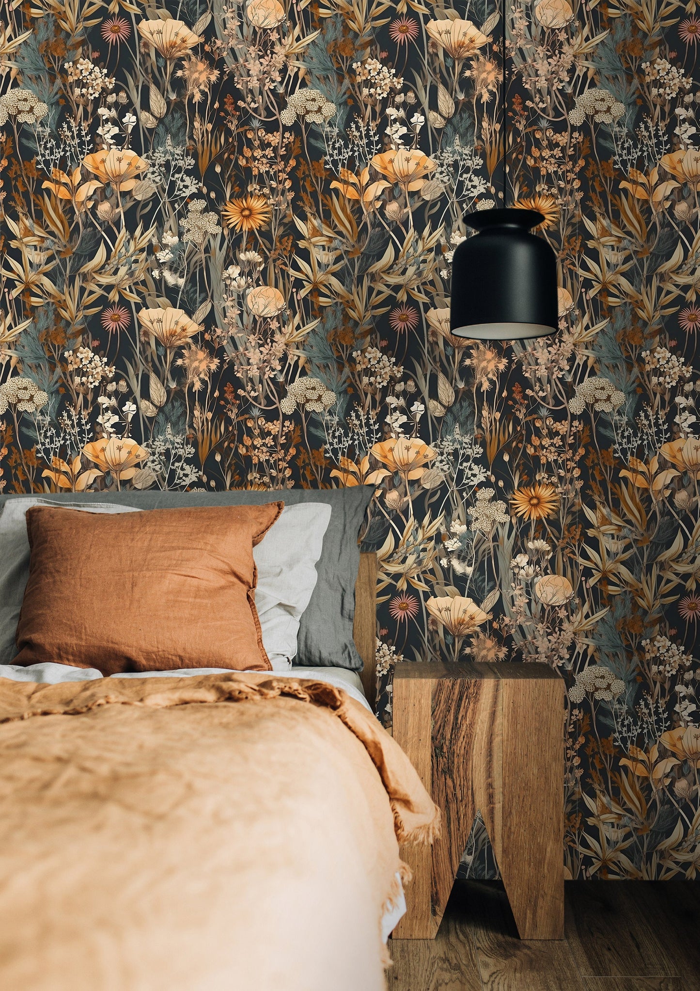 Dark Botanical Wallpaper | Removable Dark Floral Pattern Wallpaper | Botanical Pattern Wallpaper | Peel & Stick Botanical Wallpaper