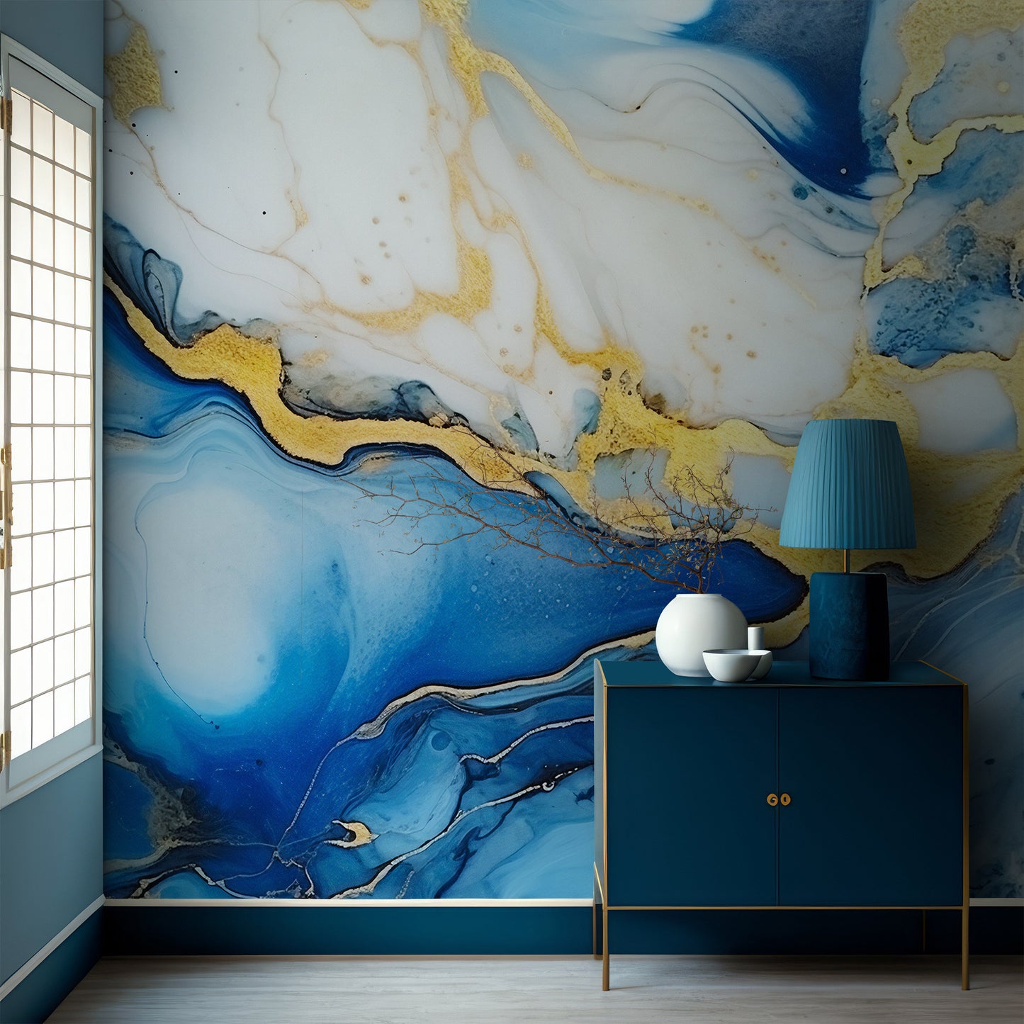 Alcohol Ink Painting Wallpaper | Abstract Watercolor Mural | Blue and Gold Marble, Peel & Stick Wallpaper, Removable Wallpaper Mural