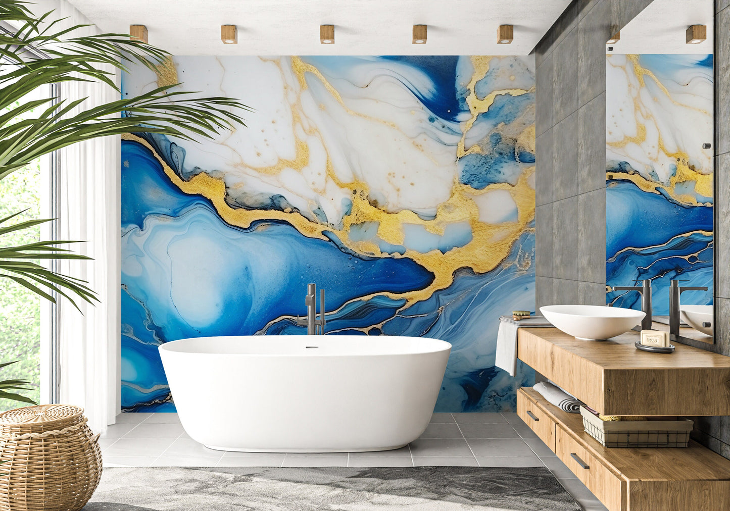 Alcohol Ink Painting Wallpaper | Abstract Watercolor Mural | Blue and Gold Marble, Peel & Stick Wallpaper, Removable Wallpaper Mural