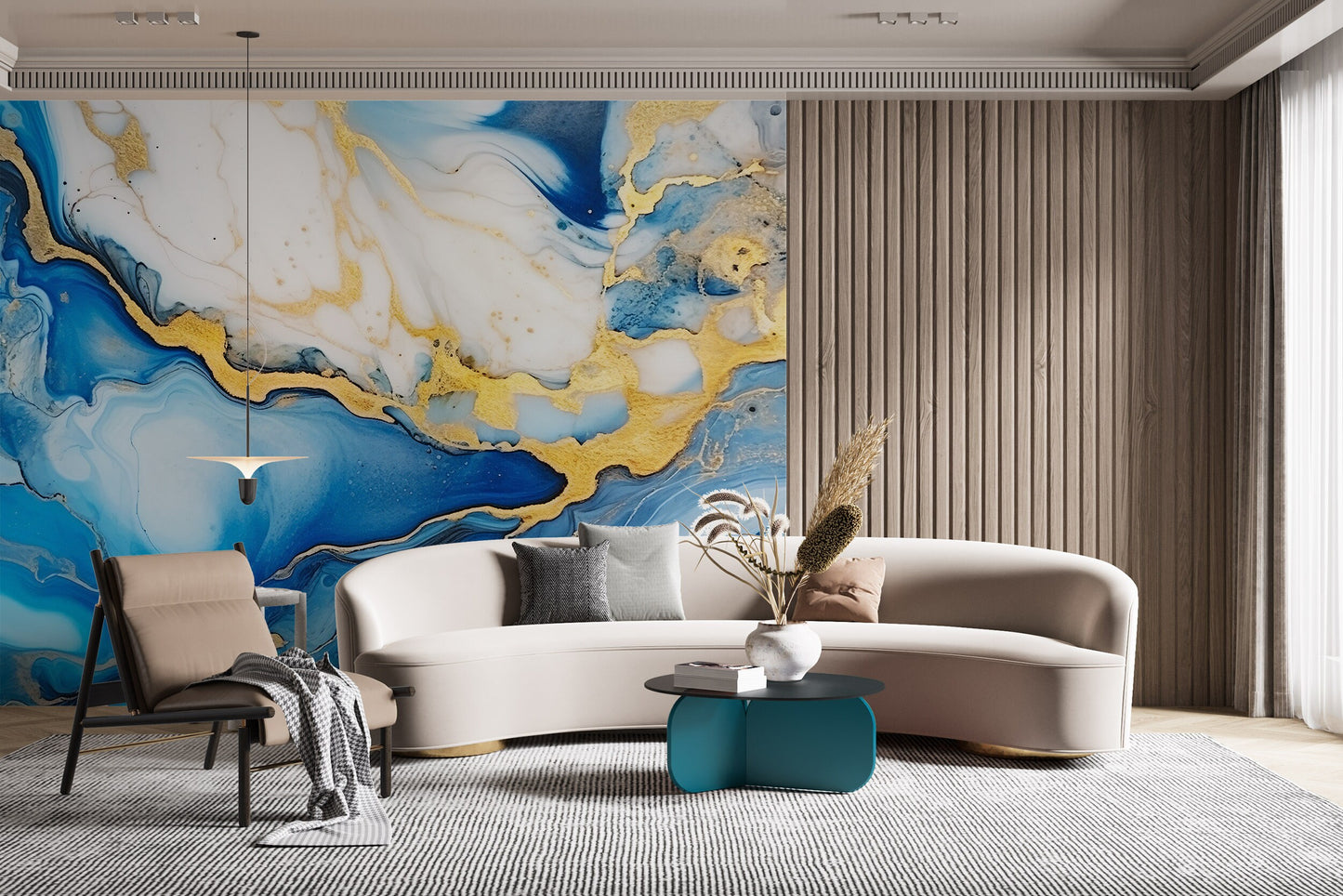 Alcohol Ink Painting Wallpaper | Abstract Watercolor Mural | Blue and Gold Marble, Peel & Stick Wallpaper, Removable Wallpaper Mural