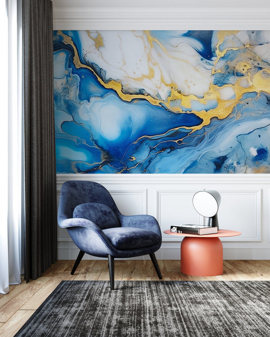 Alcohol Ink Painting Wallpaper | Abstract Watercolor Mural | Blue and Gold Marble, Peel & Stick Wallpaper, Removable Wallpaper Mural