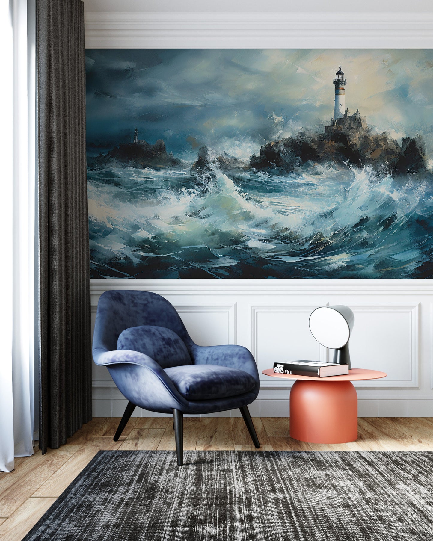 Seaside Wallpaper | By the Sea Removable Wallpaper | Ocean Blue Mural | Lighthouse Mural | Peel and Stick Nautical Mural | Coastal Wallpaper