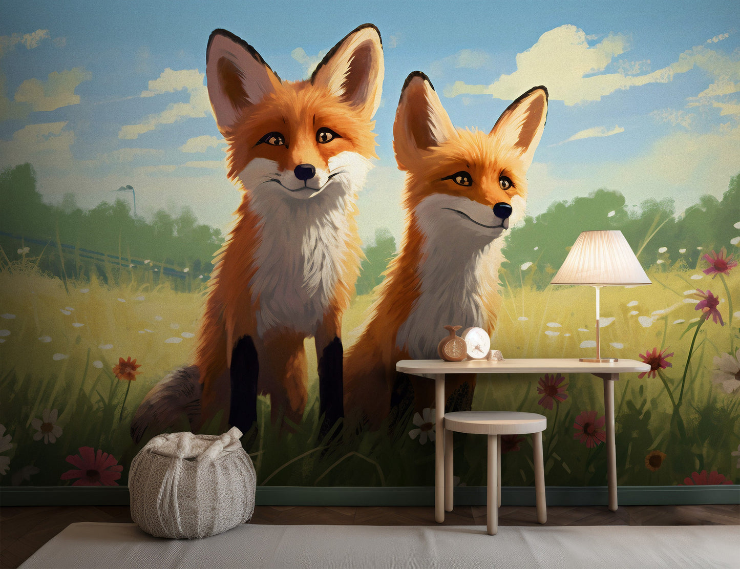 Foxes Mural for Nursery | Foxes Wallpaper | Animals Peel and Stick Mural for Nursery | Cute Foxes Mural | Cute Animals Removable Mural
