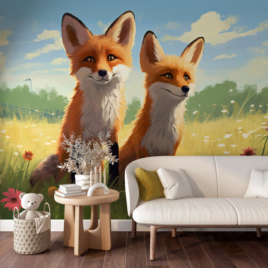 Foxes Mural for Nursery | Foxes Wallpaper | Animals Peel and Stick Mural for Nursery | Cute Foxes Mural | Cute Animals Removable Mural