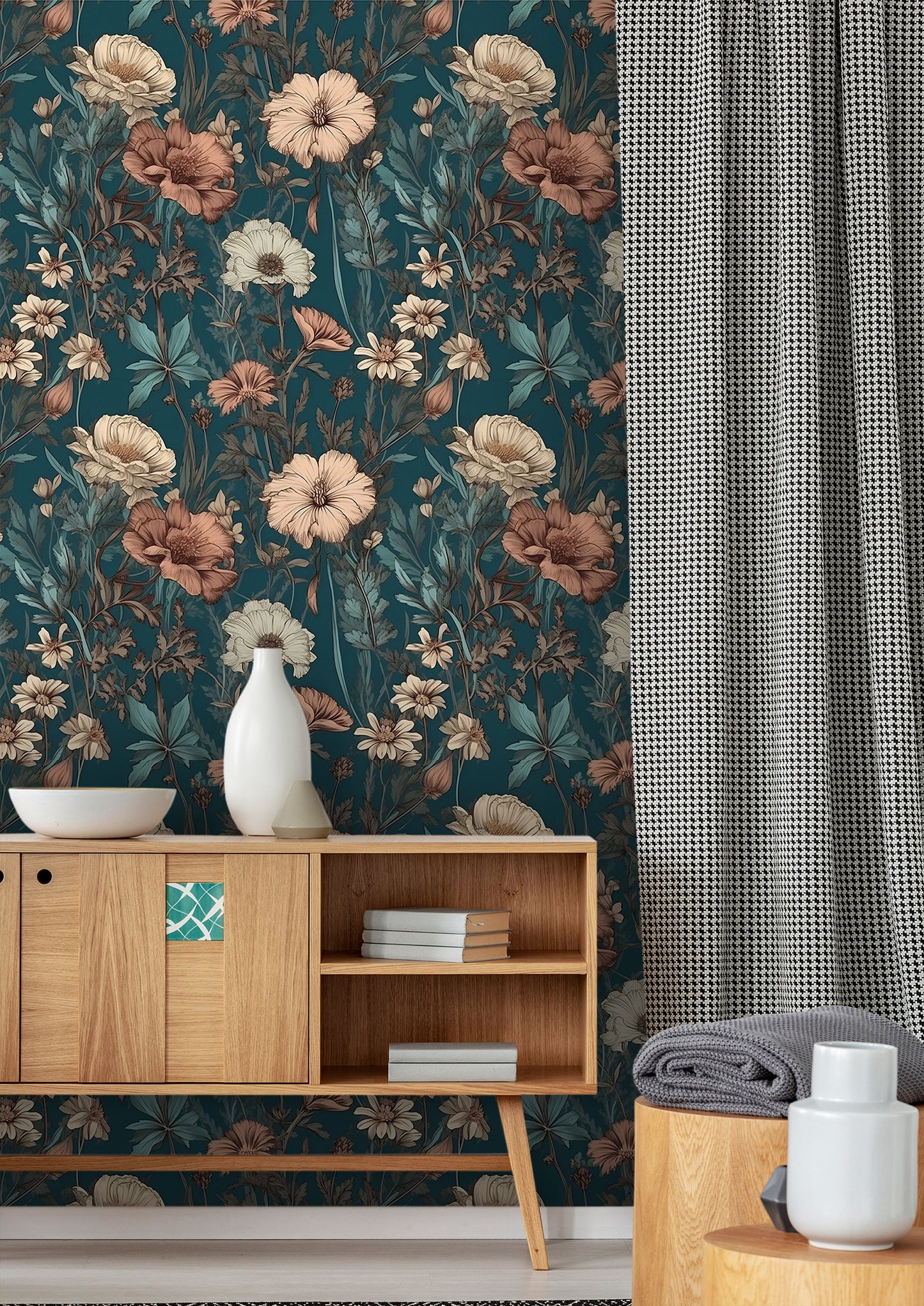 Dark Wildflower Wallpaper | Dark Green Floral Removable Wallpaper | Green Botanic Wallpaper | Dark Flower Pattern Peal and Stick Wallpaper