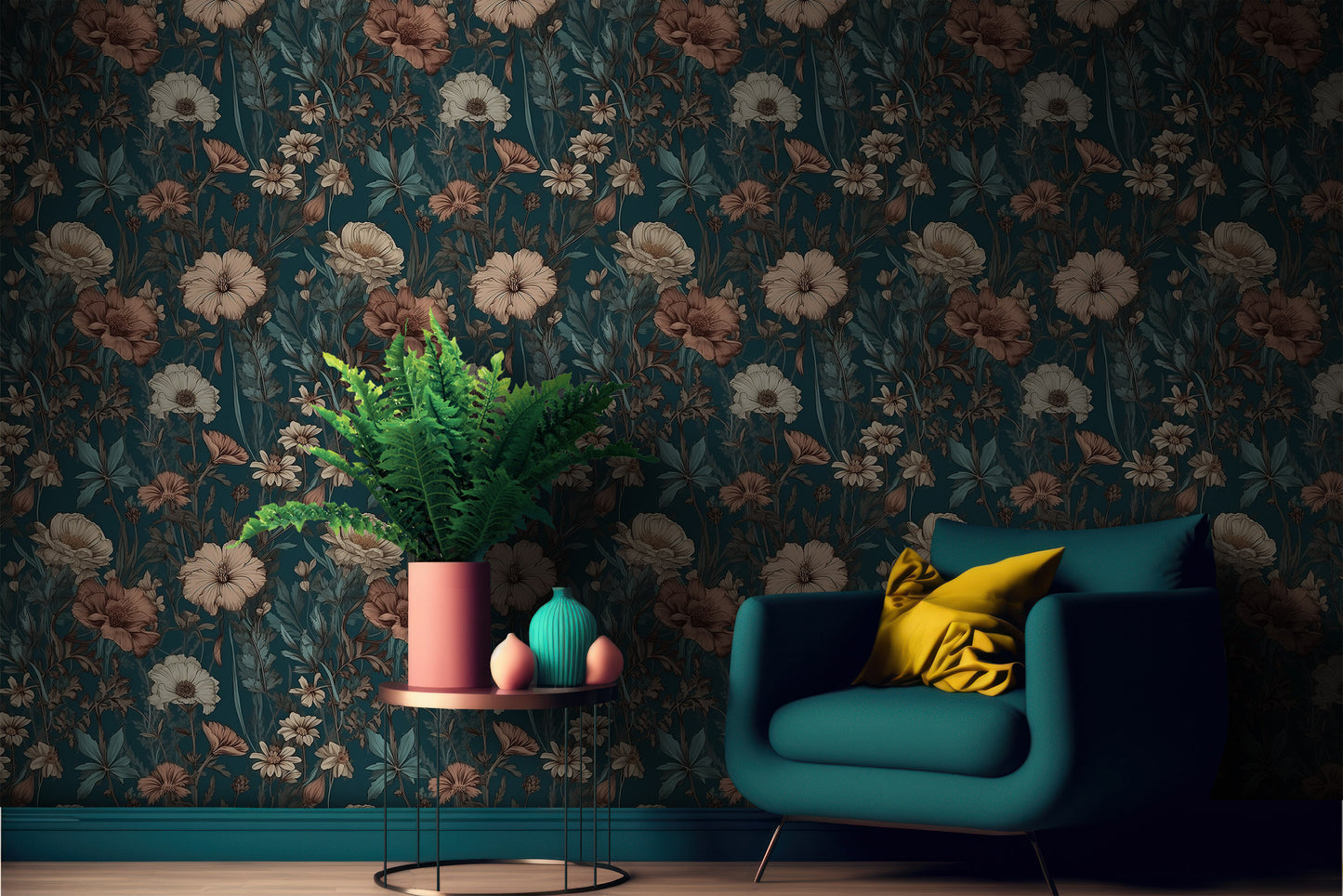 Dark Wildflower Wallpaper | Dark Green Floral Removable Wallpaper | Green Botanic Wallpaper | Dark Flower Pattern Peal and Stick Wallpaper