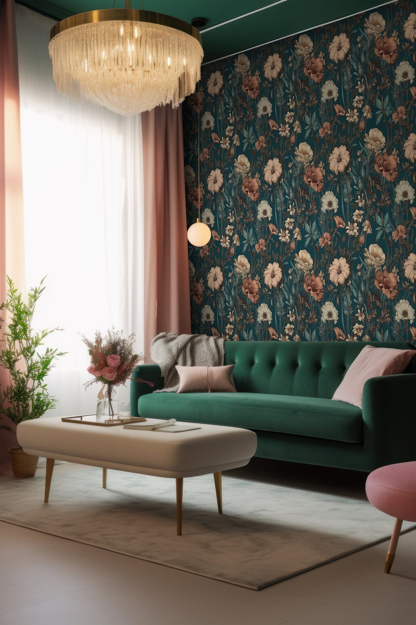 Dark Wildflower Wallpaper | Dark Green Floral Removable Wallpaper | Green Botanic Wallpaper | Dark Flower Pattern Peal and Stick Wallpaper