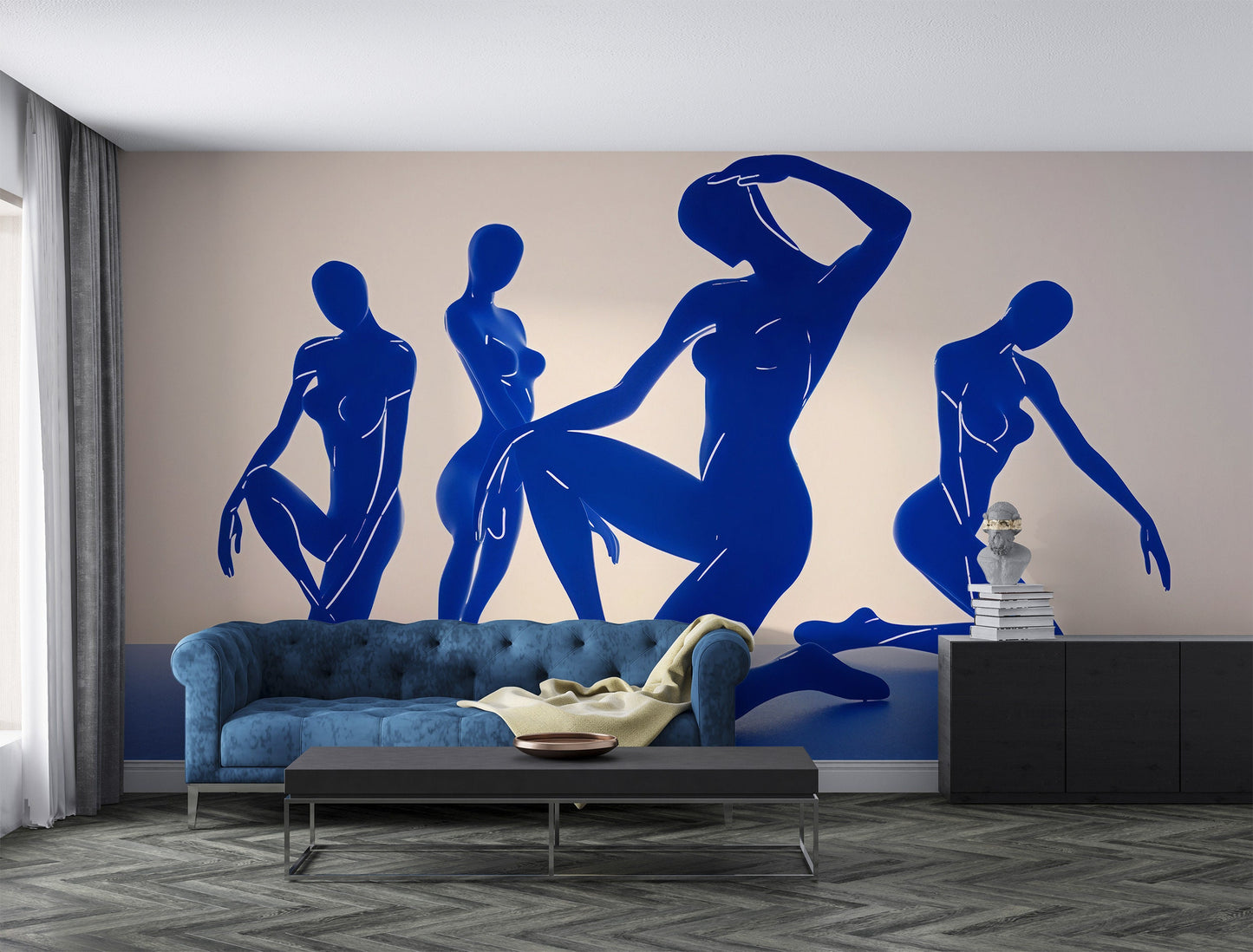 Blue Bodies Wallpaper | Matisse Inspired Mural | Blue Nudes Art Wallpaper | Naked Bodies Wallpaper | Female Wallpaper | Peel & Stick Mural