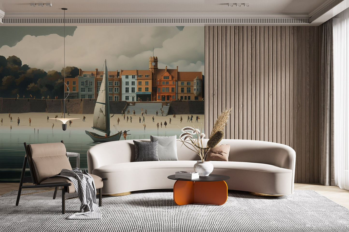 Seaside Mural | Sailboat Wallpaper | Coastal Cottage Wallpaper | Peel and Stick Mural | Boat & Beach Mural | Coastal Removable Mural