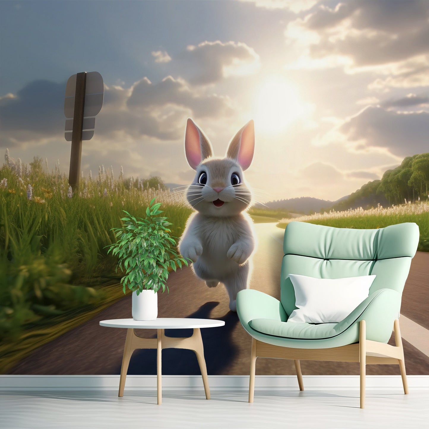 Cute Bunny Mural | Funny Bunny Removable Wallpaper for Nursery | Bunny Peel & Stick Mural | Bunny Wallpaper | Eco-friendly Mural for Kids