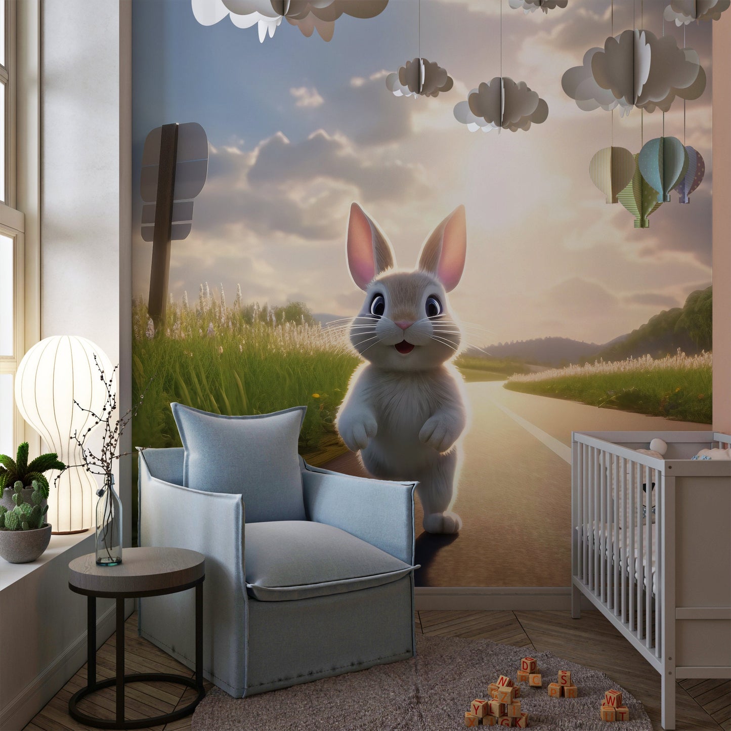 Cute Bunny Mural | Funny Bunny Removable Wallpaper for Nursery | Bunny Peel & Stick Mural | Bunny Wallpaper | Eco-friendly Mural for Kids