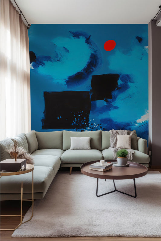 Blue Abstract Wallpaper | Abstract Removable Mural | Abstract Blue Painting Mural | Red Dot Peel & Stick Blue Mural | Contemporary Art Mural