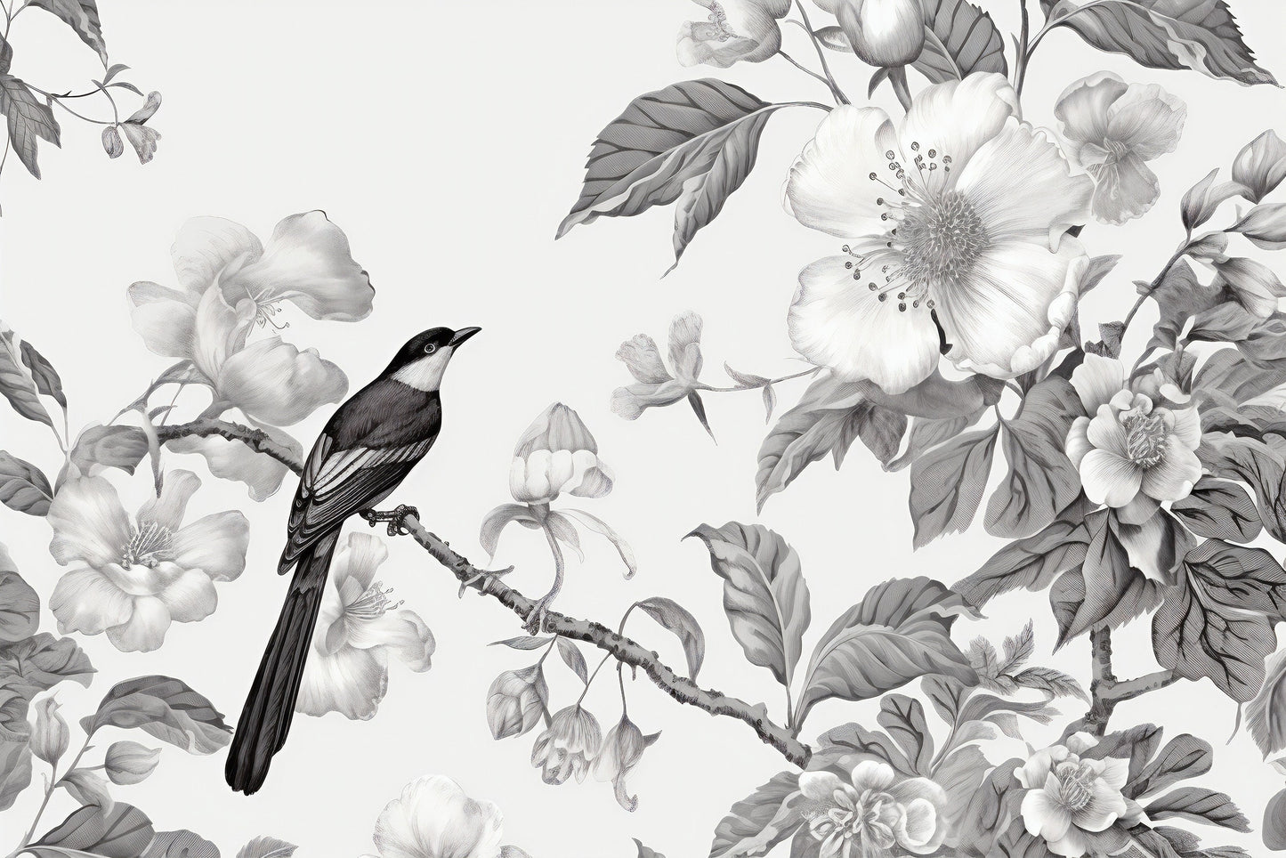 Chinoiserie Floral Mural | Monochromic Chinoiserie Removable Wallpaper | Chinoiserie Mural with Bird | Chinoiserie Wallpaper Peel & Stick