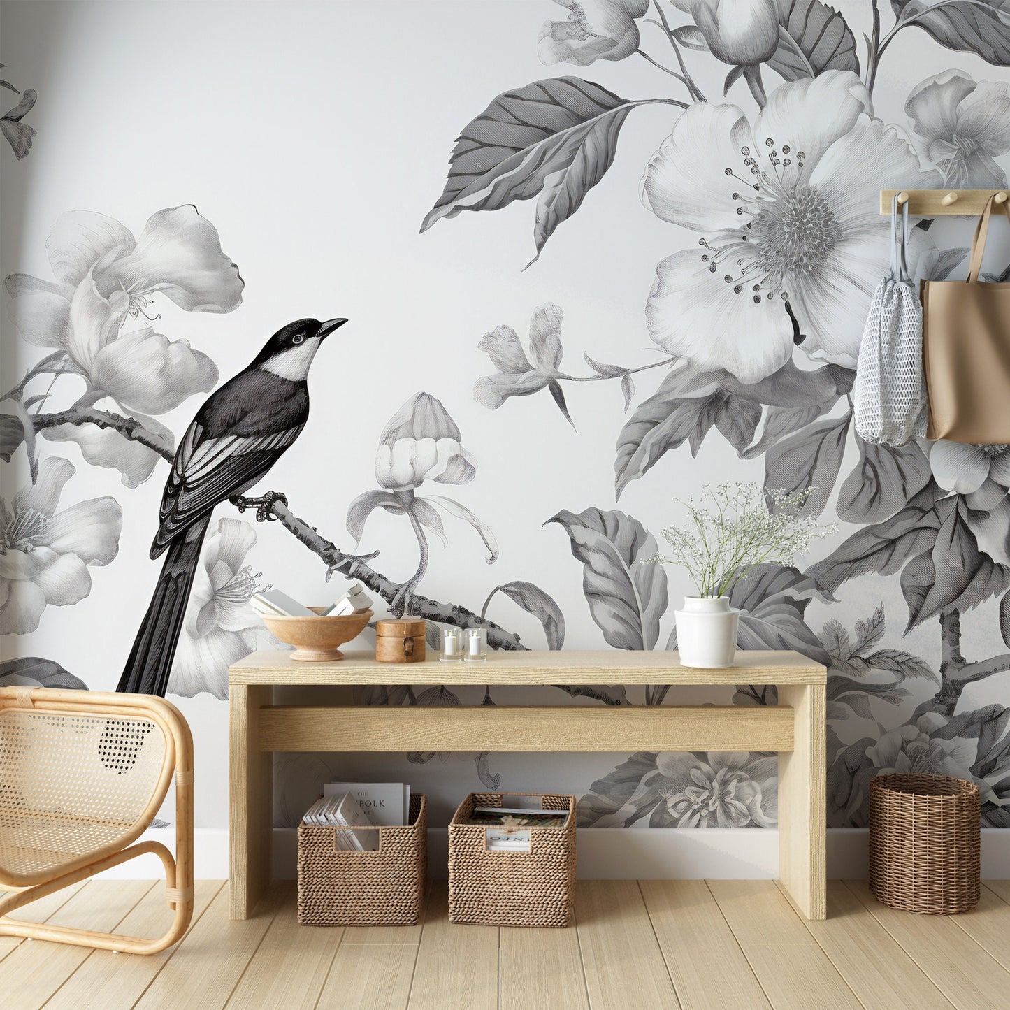 Chinoiserie Floral Mural | Monochromic Chinoiserie Removable Wallpaper | Chinoiserie Mural with Bird | Chinoiserie Wallpaper Peel & Stick
