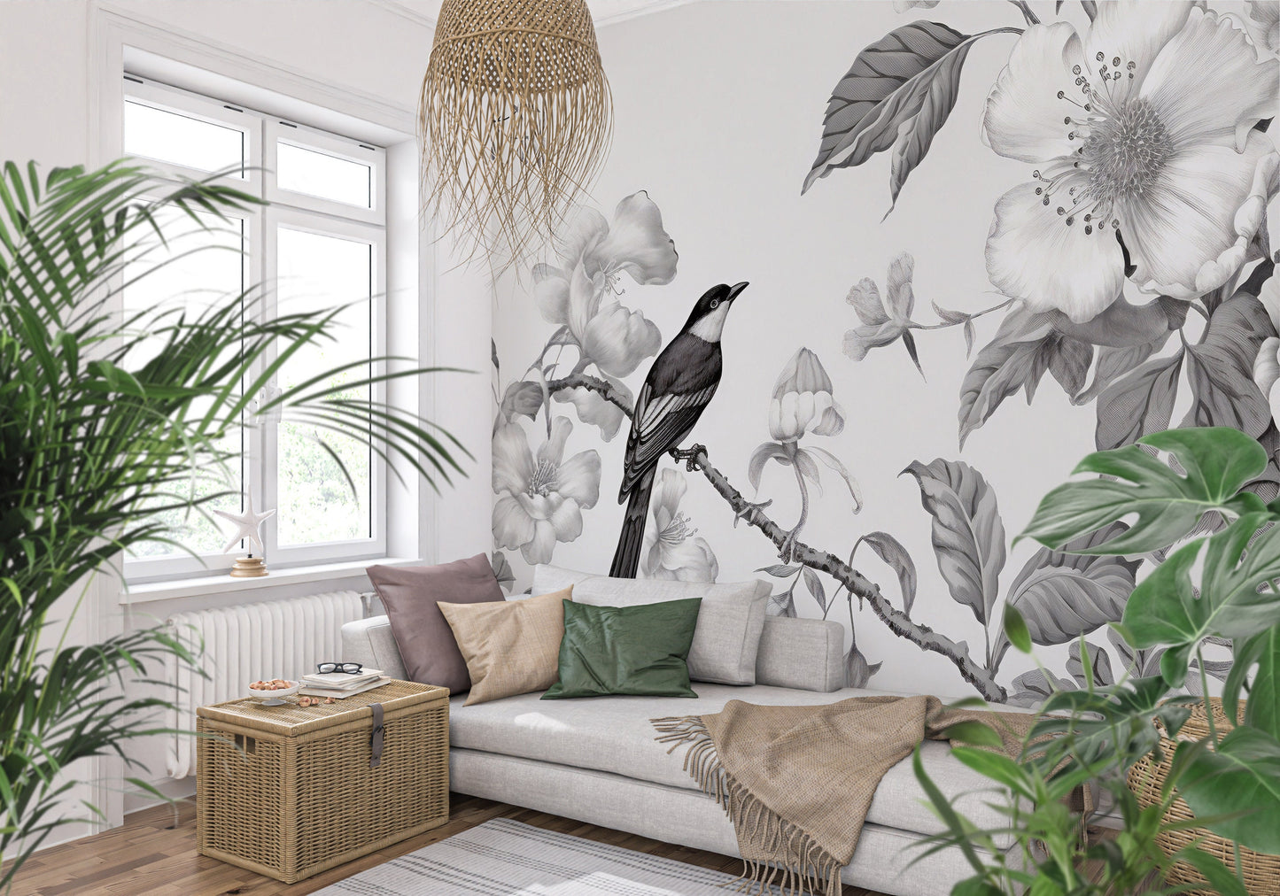 Chinoiserie Floral Mural | Monochromic Chinoiserie Removable Wallpaper | Chinoiserie Mural with Bird | Chinoiserie Wallpaper Peel & Stick