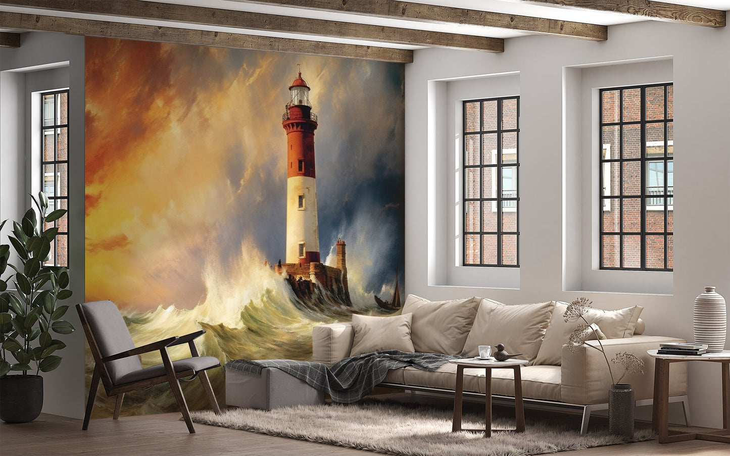 Seaside Mural | Lighthouse in Storm Mural | Ocean Blue Wallpaper | Lighthouse Wallpaper | Peel and Stick Nautical Mural | Coastal Wallpaper