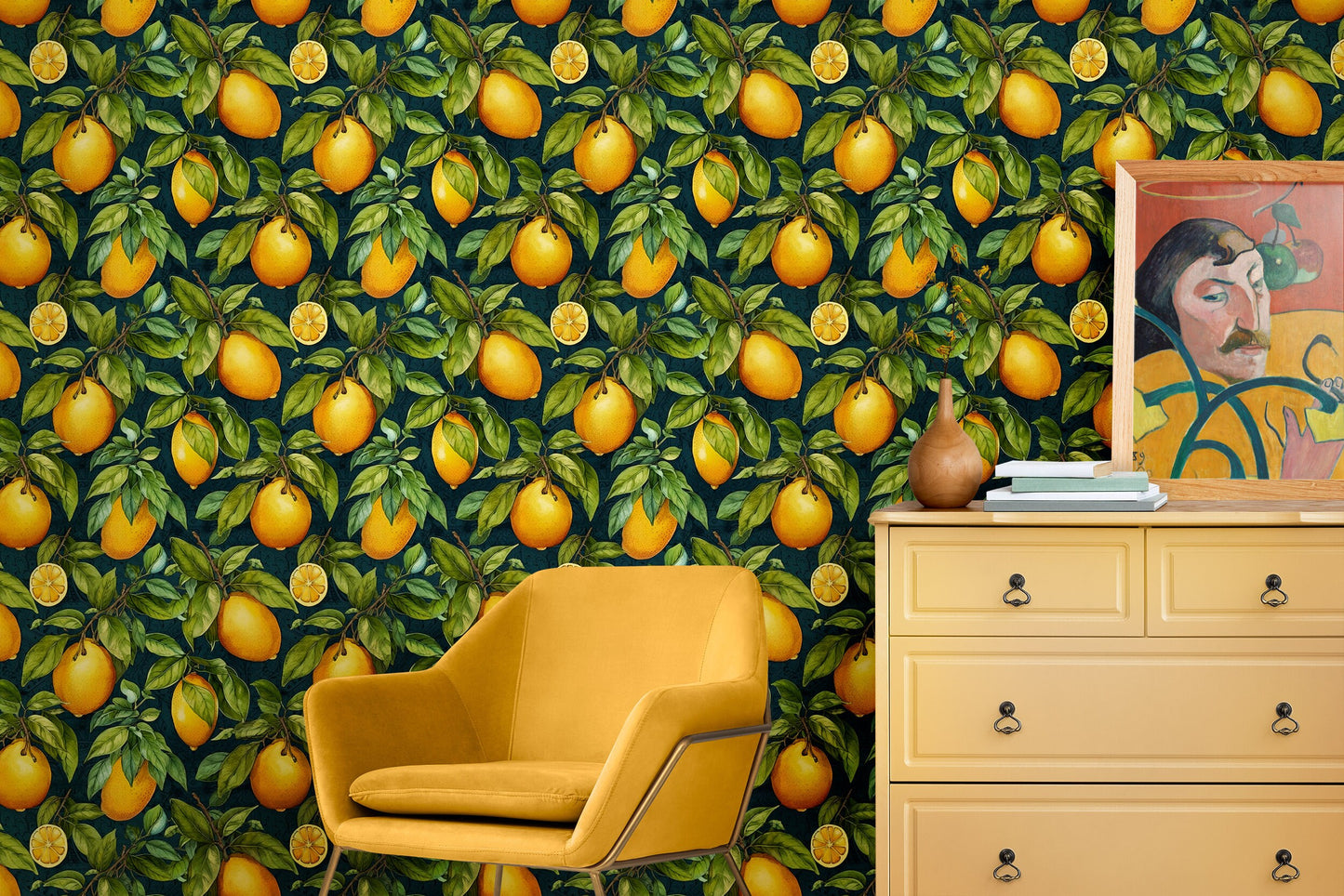 Fruit Kitchen Wallpaper | Lemon Pattern Wallpaper | Citrus Wallpaper | Citrus Peel and Stick Wallpaper | Botanical Temporary Wallpaper