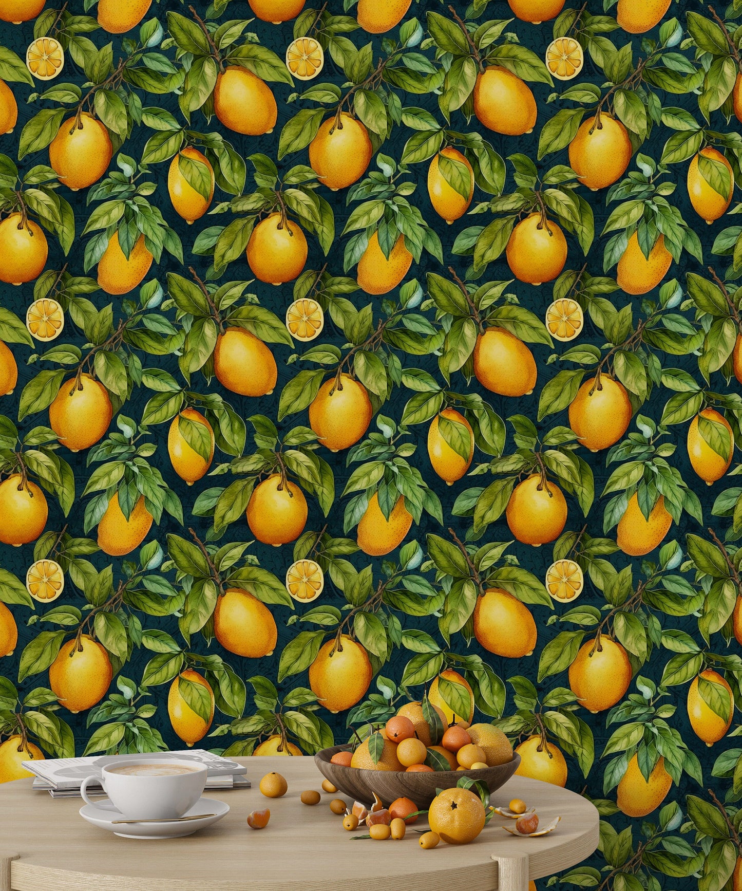 Fruit Kitchen Wallpaper | Lemon Pattern Wallpaper | Citrus Wallpaper | Citrus Peel and Stick Wallpaper | Botanical Temporary Wallpaper