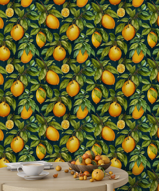 Fruit Kitchen Wallpaper | Lemon Pattern Wallpaper | Citrus Wallpaper | Citrus Peel and Stick Wallpaper | Botanical Temporary Wallpaper