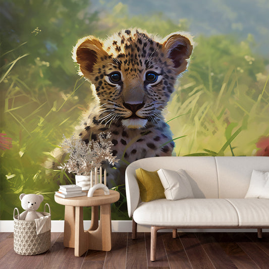 Nursery Leopard Wall Mural | Nursery Safari Animal Wallpaper | Kids Room Safari Wall Mural | Kids Room Watercolor Animal Wall Mural