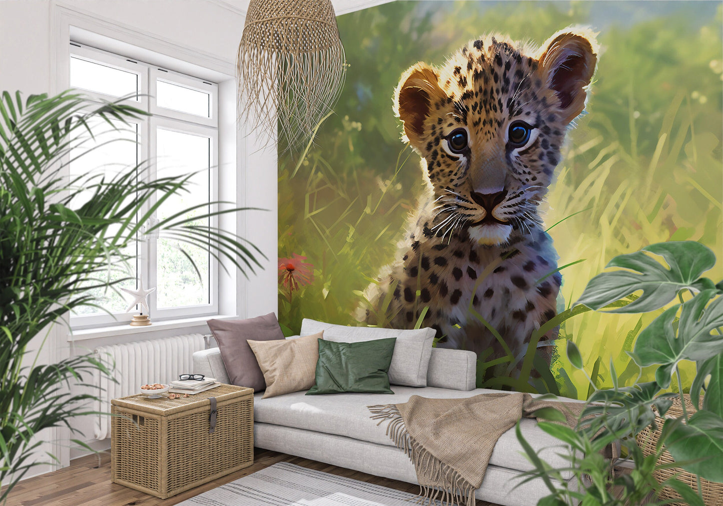Nursery Leopard Wall Mural | Nursery Safari Animal Wallpaper | Kids Room Safari Wall Mural | Kids Room Watercolor Animal Wall Mural