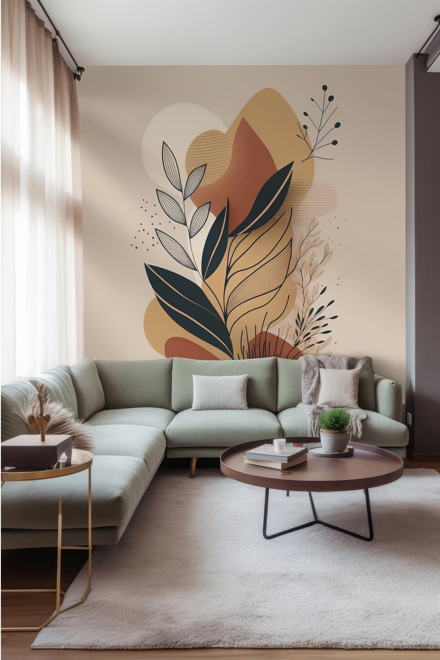 Abstract Plant Removable Mural | Foliage Wallpaper | Abstract Shapes Mural | Abstract Beige Wallpaper | Modern Abstract Foliage Wallpaper