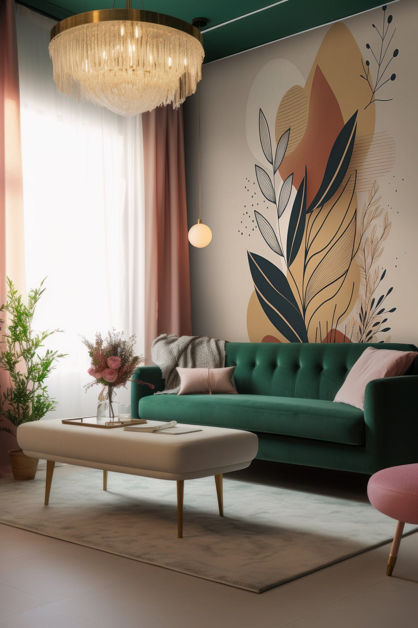 Abstract Plant Removable Mural | Foliage Wallpaper | Abstract Shapes Mural | Abstract Beige Wallpaper | Modern Abstract Foliage Wallpaper