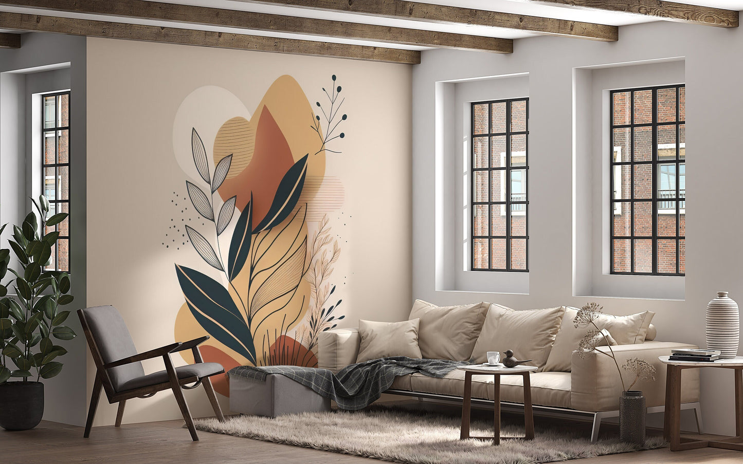 Abstract Plant Removable Mural | Foliage Wallpaper | Abstract Shapes Mural | Abstract Beige Wallpaper | Modern Abstract Foliage Wallpaper