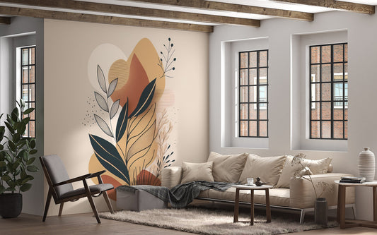 Abstract Plant Removable Mural | Foliage Wallpaper | Abstract Shapes Mural | Abstract Beige Wallpaper | Modern Abstract Foliage Wallpaper